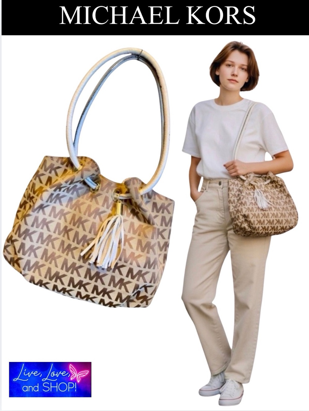MICHAEL KORS Signature Jacquard Brown/Tan/Vanilla Handbag, GUC